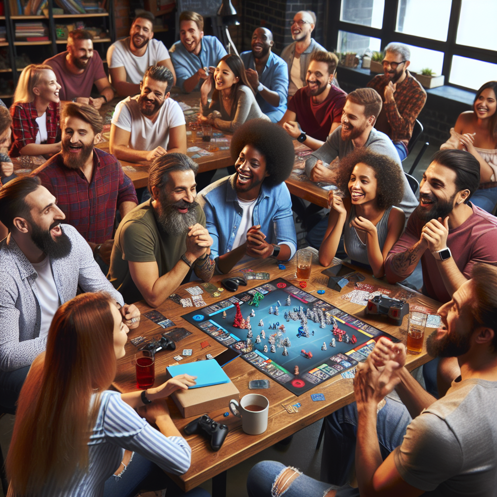 A vibrant gaming community gathering around a table, discussing strategies and experiences