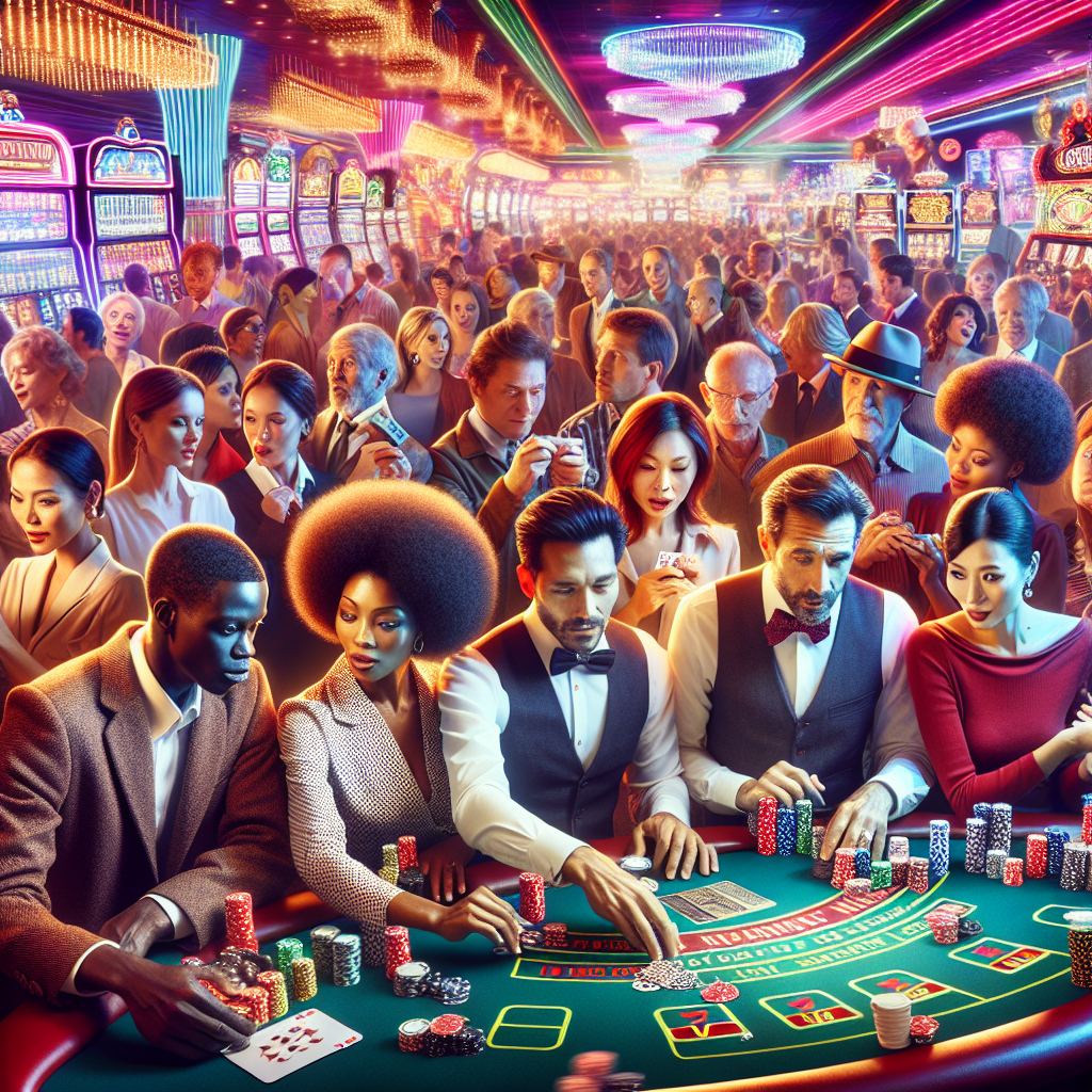 A vibrant casino atmosphere with people playing games
